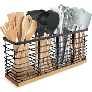 Extra Large 4 Compartments Countertop Kitchen Utensil Holder, Matte Black Metal Organizer with Wooden Base, Farmhouse Rustic Cooking Utensil Organizer for Kitchen Counter
