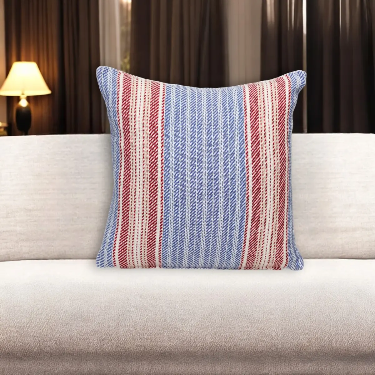 360 stand 16 in. Blue & Red Striped 100% Cotton Home Decorative Cushion - Handmade Finish, Removable Cotton Cover, Zipper Closure, Durable Cushions, Polyfill, Colorful Accent, Soft, Removable Cover