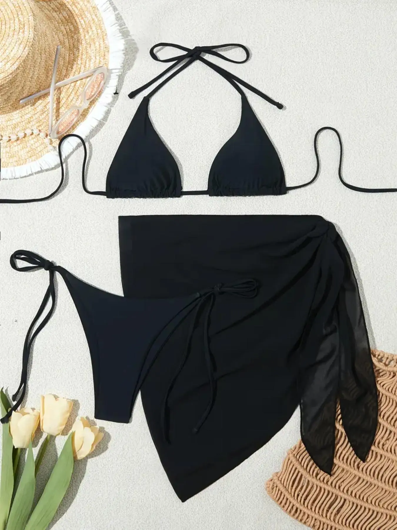Women's Solid Halter Swim Top & Panty & Knot Sheer Mesh Cover Up Skirt Set, Bikini With Skirt, Fashion Bikini Sets for Summer Beach Swimming, Women's Swimwear for 2024 Summer, Bikini Swimsuit, Bathing Suits 2024, Halter Triangle Bikini