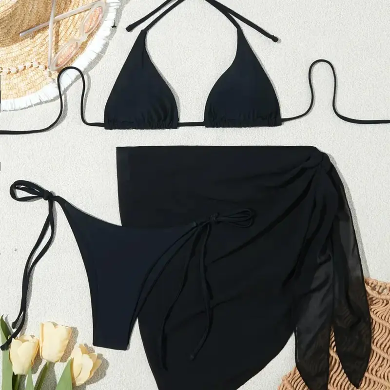 Women's Solid Halter Swim Top & Panty & Knot Sheer Mesh Cover Up Skirt Set, Fashion Bikini Sets for Summer Beach Swimming, Women's Swimwear for 2024 Summer, Bikini Swimsuit, Bathing Suits 2024, Halter Triangle Bikini Beach Swimwear Clothes