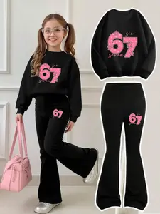 Girls' Long Sleeve Top & Bell Bottoms Set, Girl Clothes School, Casual Fitted Round Neck, Breathable Comfort, Star Print Design, Perfect for Outdoor Activities