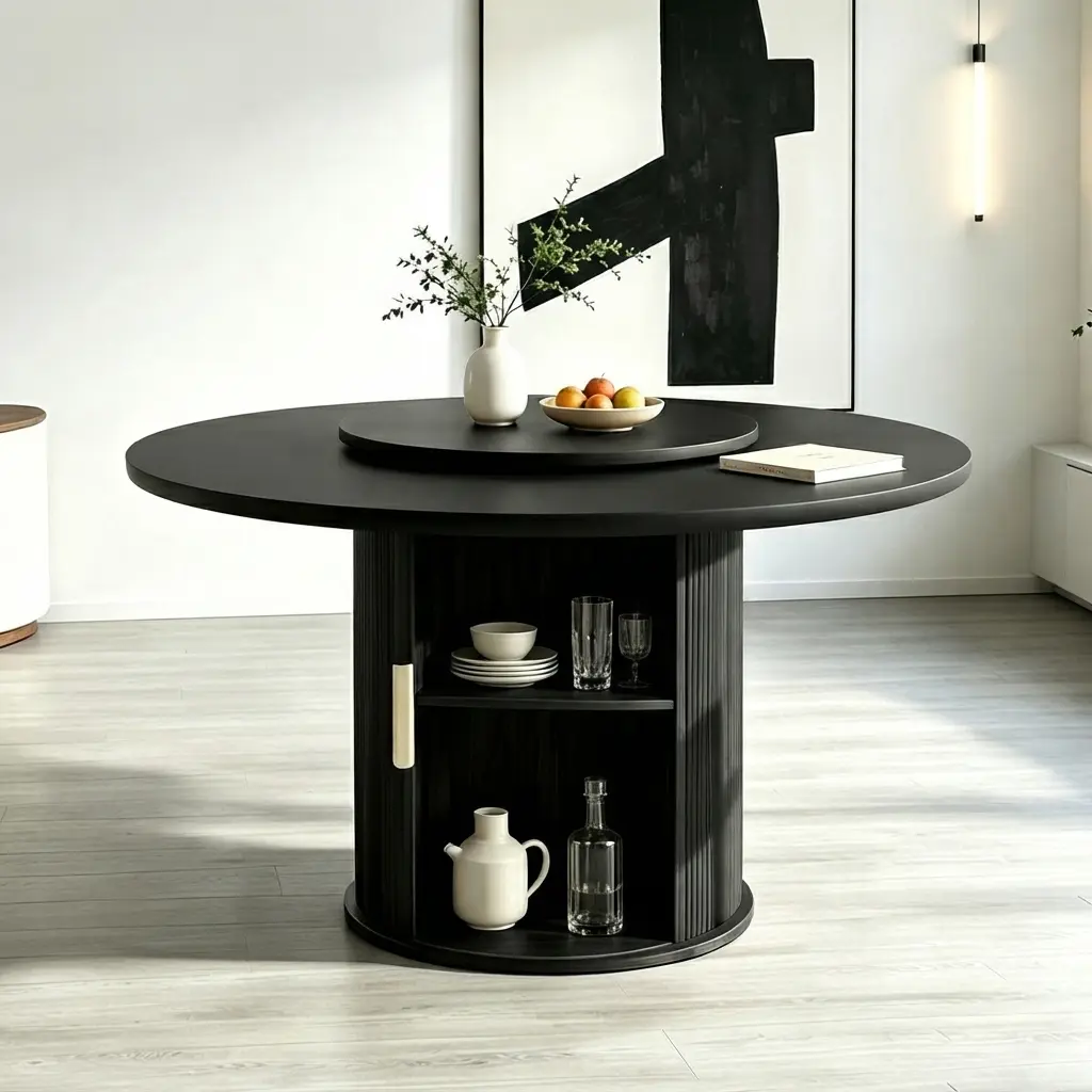 Modern 55 In Round Top Dining Table - T-Pedestal, Seats 6, Rotating Lazy Susan, Double-Tier Storage Rack, Sliding Wavy Doors, Waterproof Space-Saver for Kitchen/Living Room, Black (Modern Circle Table)