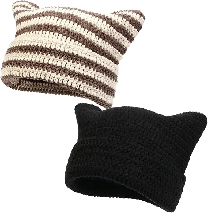 Crochet Hats for Women Cute Cat Ear Knitted Hat Soft Knit Hat Vintage Cuffed Slouchy Beanie for Women