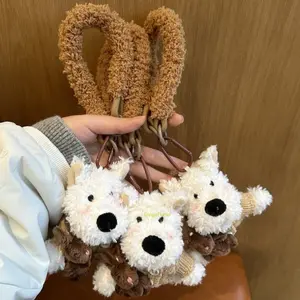 Cute West Highland Terrier Bag Charm & Car Dashboard Ornament, Sketch-Style Cartoon Dog Plush Keychain & Anti-Loss Lanyard Accessory