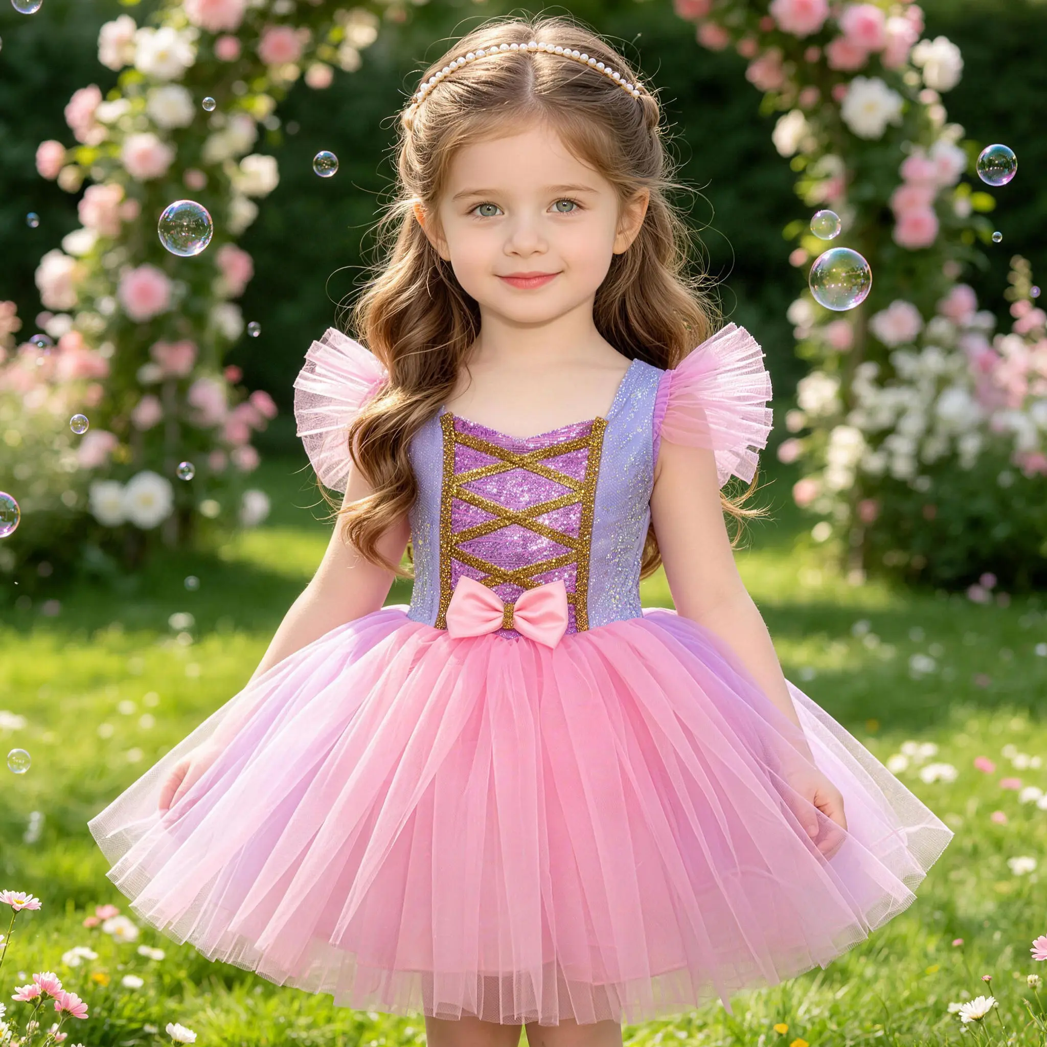 Little Girls Layered Pink Tulle Princess Gown with Purple Sparkle Bodice for Birthday Parties & Dress-Up