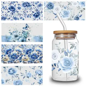 5 Sheets Blue Floral UV DTF  funny  Decorative Art Plastic Self-Adhesive Labels Transfer  Decal Flowers Waterproof Rub on Transfers Retro Halloween Stickers Bat Cup Wraps makeup mirror resistant anti reflective window tint Outdoor Silk Morning Glory floor