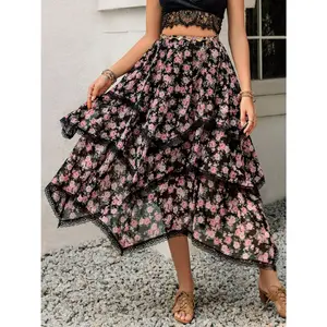 Lace Detail Layered Printed Skirt