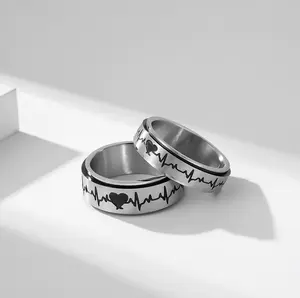 Unisex Stainless Steel 6/8mm Engraved Heartbeat Rotation Lovers Ring (Size 5.25-12)