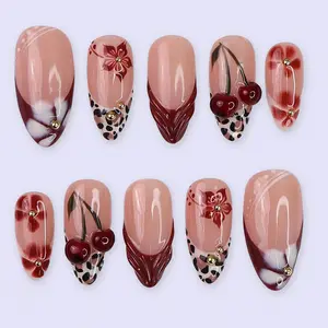 24pcs almond shaped press on acrylic nails autumn and winter European and American hot girl style, sweet and cool leopard print, 3D three-dimensional glue, cherry French flower print, Flower design nails, party fake nails