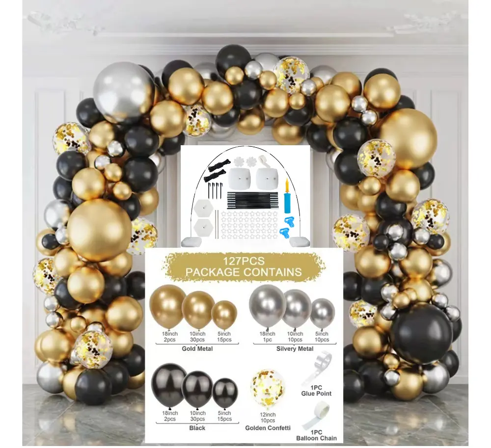 Metallic Balloon Garland Arch Kit - Black & Gold Metallic Colors, Multi-Size Confetti Latex Balloons, Double Layer Backdrop, Backdrop Setup Tool - Ideal for Graduation, Birthday Party Decor, Photo Props