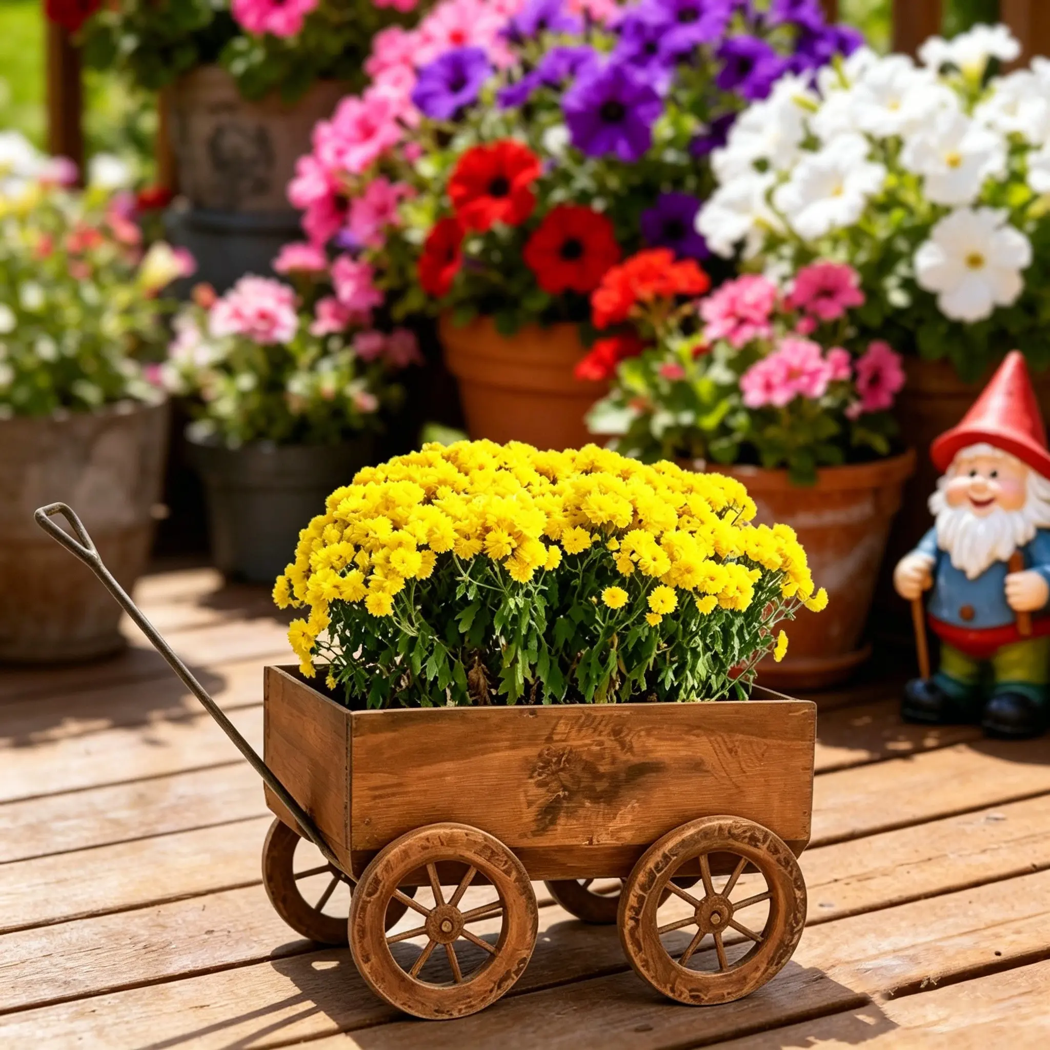 Rustic Four-Wheel Handcart Planter, Iron Rustic Handcart with Wheels, Handle, and Drainage Holes, Country Style Metal Flower Cart, Outdoor Planters