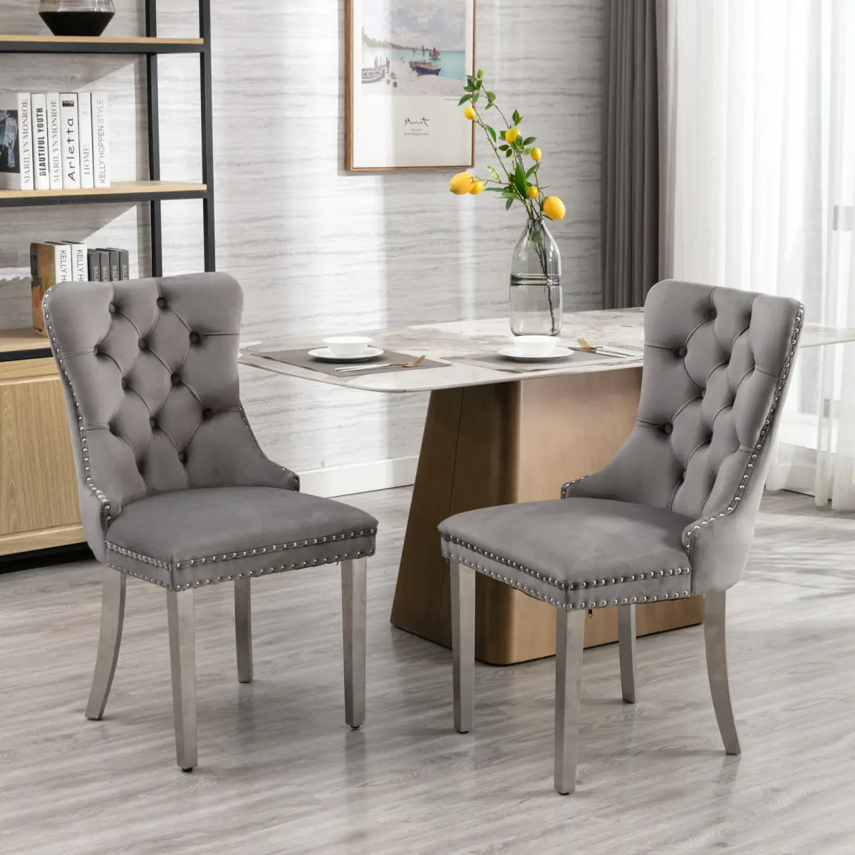 A&A Furniture Nikki Collection Classic Durable Ergonomic Tufted Back Solid Wood Velvet Dining Chairs - Chrome Legs, Nailhead Trim, Set of 2, Gray, Requires Assembly, SW1701GY