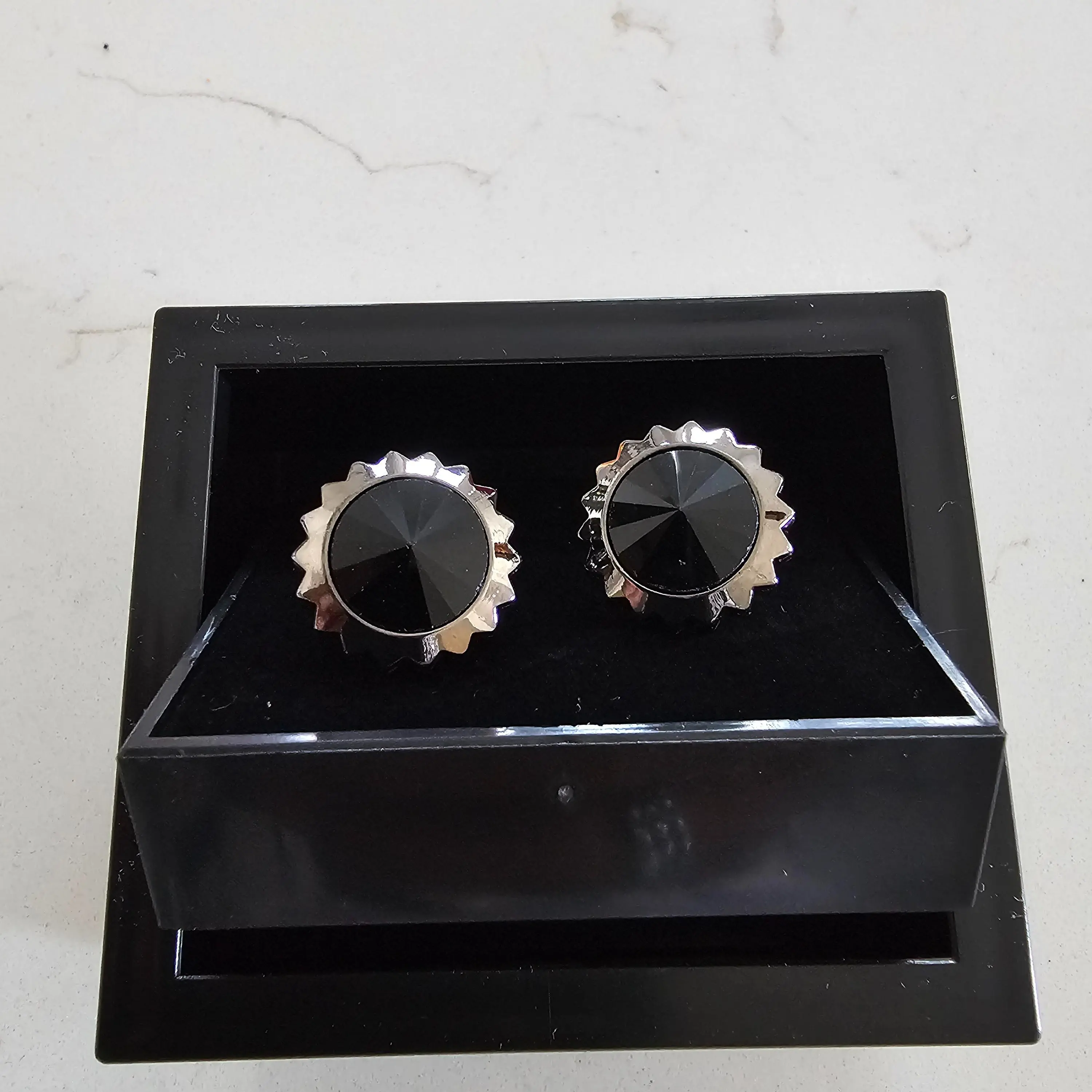 Round Black Sunburst Cufflinks, Silver Gear Cog, Steampunk Gothic Accessories