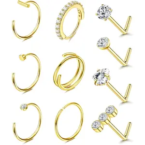 BESTEEL 14K Gold Plated Nose Ring Studs 20G Nose Rings Hoops Stud 316L Stainless Steel Nose Rings Round CZ Heart Simulated Diamond L Shaped Nose Stud Hypoallergenic Nostril Piercing Jewelry for Women Men 10Pcs