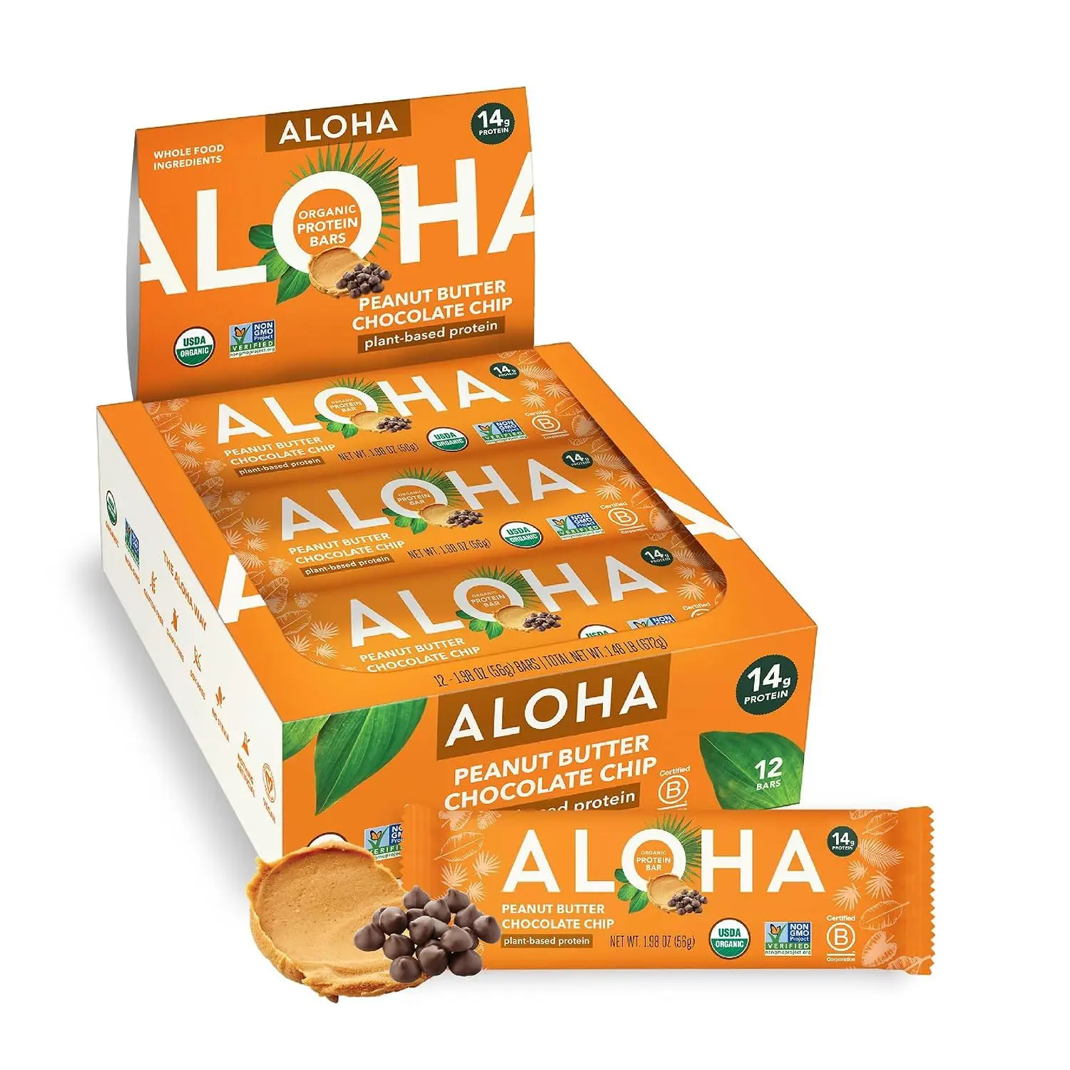 ALOHA Organic Plant Based Protein Bar | Peanut Butter Chocolate Chip, 12 Ct | 14g Plant-Based Protein, 10g Fiber, 5g Sugar | GLP-1 & Keto Friendly, No Sugar Alcohols | Non-GMO, Vegan & Dairy Free