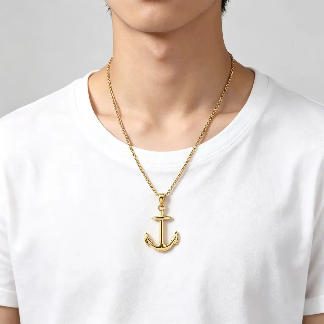 Unisex 18-in Short Custom Link Chain Necklace, Gold/Silver Stainless Steel Anchor Pendant, Trendy Hip Hop Fashion Jewelry