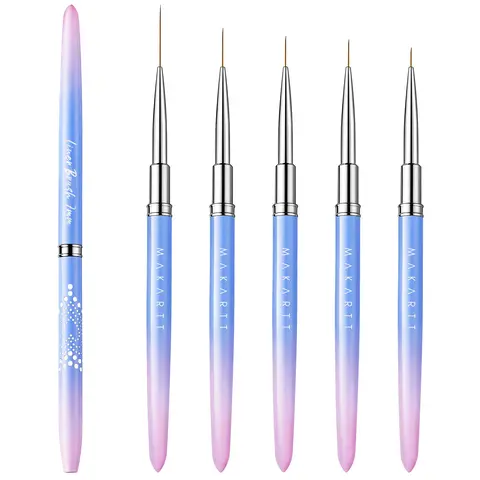 Makartt 5pcs Skinny Nail Art Liner Brushes Set - 7/9/11/15/25mm Bristles, Easy-Hold Nail Care Detail Tech Tools, Beginner-Friendly, Easy-to-Clean for Gel Polish, French Tips, Cosmetic Cleanser Use, Ideal Gift