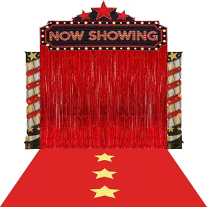 7 Pcs Movie Night Party Decorations Now Showing Porch Banners Red Tinsel Foil Fringe Curtains Red Golden Theme Star Rug Movie Theme Backdrop for Birthday Party Supplies