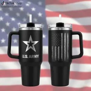 U.S. Army Black Flag Military Pride 30oz 40oz Stainless Steel Insulated Tumbler, American Patriotic Double Sided Travel Mug with Handle, Veteran Appreciation Gift, Not Including The Straw