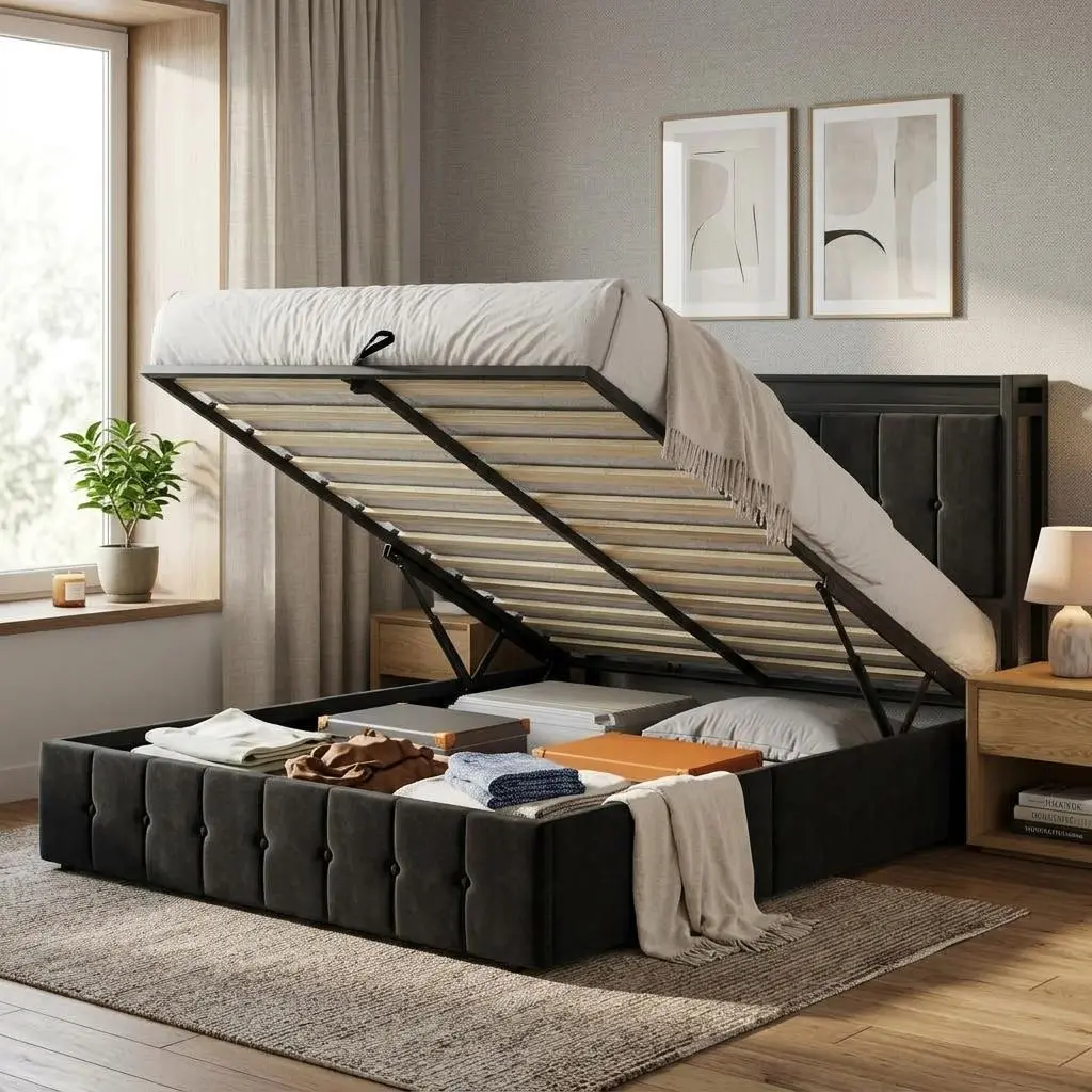 Upholstered Storage Bed Frame with LED Headboard, Built-in Charging Station and Power Outlets, Hydraulic Lift Design, Sturdy Wooden Slats, No Box Spring Required, Modern Bedroom Furniture Contemporary Bed