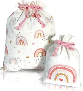 Gather & Knot Drawstring Gift Bags | 20" Large 12" Small | Premium Canvas | Reusable Fabric Wrap for Baby Shower or Girl Birthday | Rainbow
