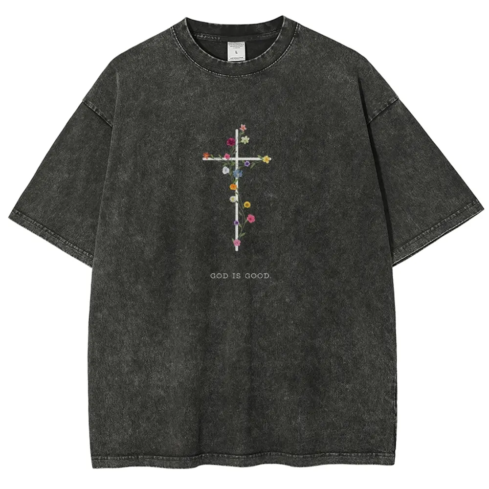 Women's Shortleeve Graphic Crewneck T-Shirt - Floral Cross 'God Is Good' Print, Washed Soft Cotton, Breathable, Vintage Fit Christian Tops for Everyday Wear, Soft Cotton for All-Day Ease, Shortsleeve, Fabric