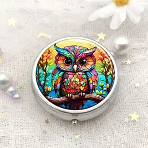 Owl Pattern Round Metal Pill Box, Portable 3-grid Mini Pocket Storage Box, Travel Pill Box, Medicine Tablet Vitamin Organizer for Home Office School