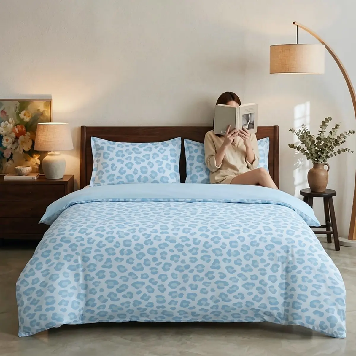 Fashion Blue Leopard Print Bedspread Set, Soft Comfortable Decorative Bedding Set, Includes 1 Duvet Cover and 2 Pillowcases, Bedroom Decor