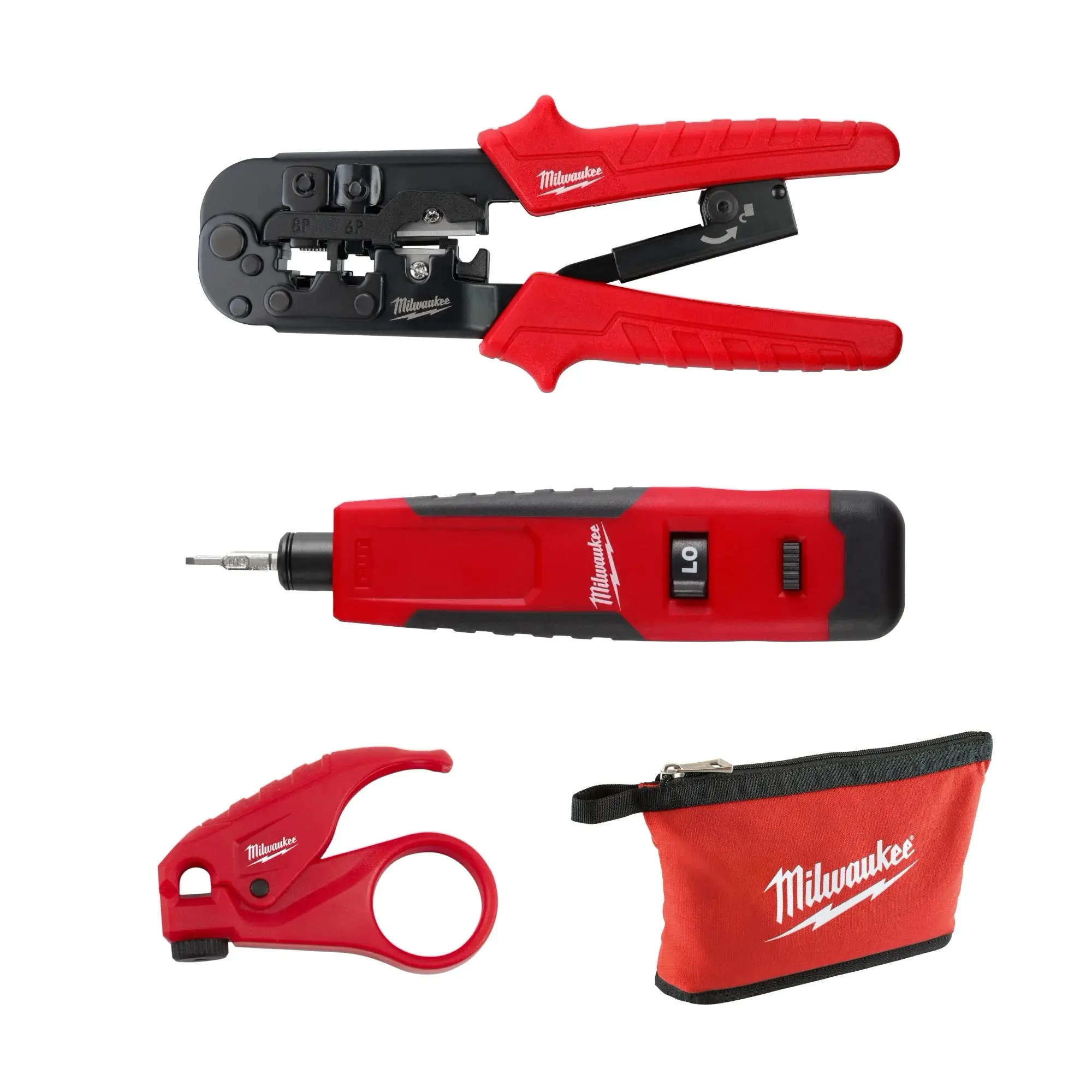 Milwaukee 48-22-8101 Factory New Full Set Twisted Pair Install Kit, Including Cable Stripping Function, Ratcheting Modular Crimper & Stripper, Universal Twisted Pair Stripper, Impact Punchdown Tool, Zip Pouch