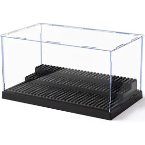 Minifigure Display Case for Action Figures Blocks Clear Dustproof Acrylic Display Box Storage with 3 Movable Steps Great Gifts for Children Black