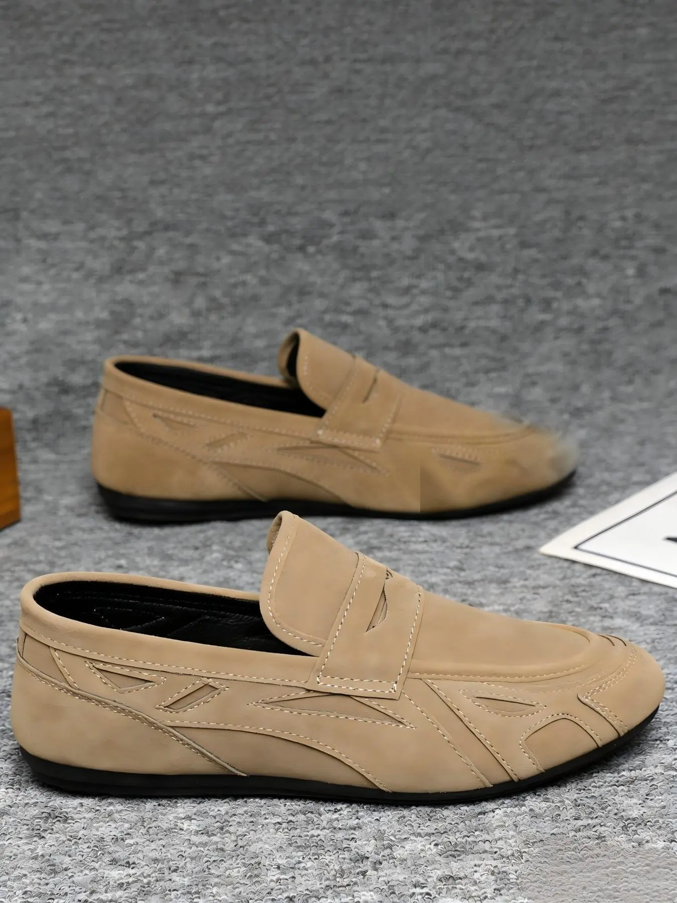 2026 New Stylish Suede Slip-on Loafers, Thick-soled Geometric Relief Casual Shoes, Light Brown Penny Loafers, Men's Travel Moccasins