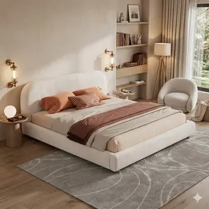 Boucle Fabric Bed King Size Upholstered Platform Bed Frame with Curved Headboard White Christopher Knight Home Modern Luxury Aesthetic Furniture Bedroom Elegant Minimalist Sleek Design Low Profile Easy Assembly