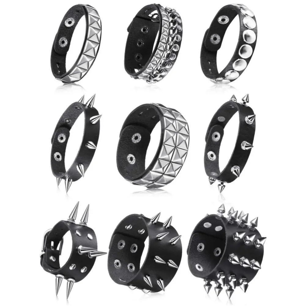 9 Pieces spiked studded bracelet black leather rivet punk bracelet Y2K cuff wrap bangle snap button wristband men women