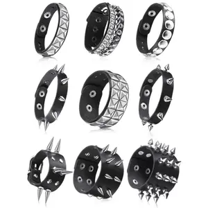 9 Pieces spiked studded bracelet black leather rivet punk bracelet Y2K cuff wrap bangle snap button wristband men women