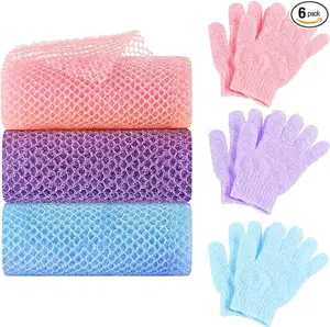 African Net Sponge Exfoliating Glove Set, 3 Bath Sponge Body Scrubber Back Scrubber and 3 Pairs Exfoliating Gloves Mother's Day Gifts for Shower