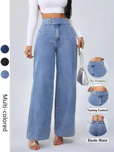 Women's Vintage Elegant High Waist Wide Leg Jeans, Button Front Elastic Waist Loose Fit, Casual Fashion Pants for All Seasons