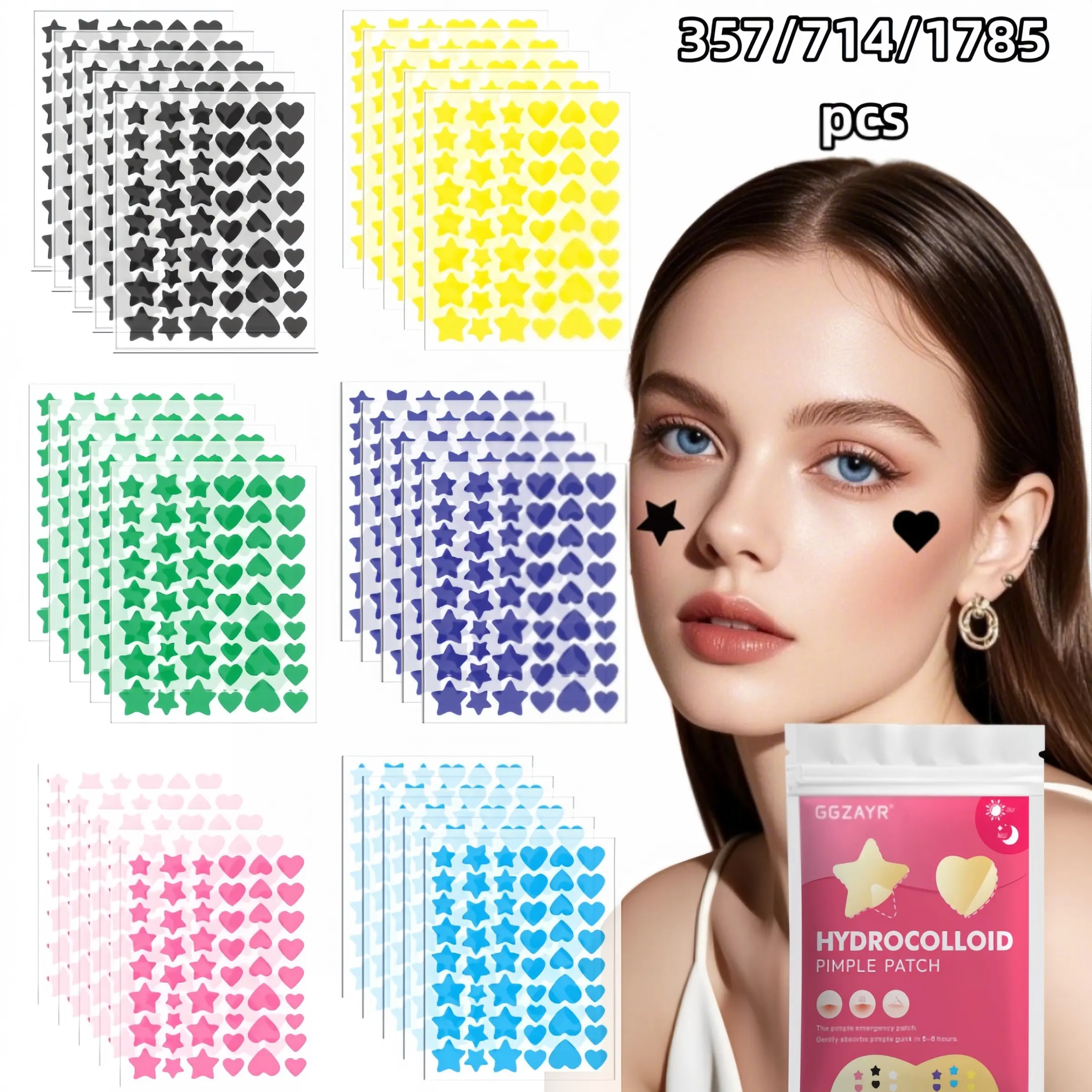 357/714/1785pcs Aesthetic Star & Heart Acne Patches, Pimple Patches, Hydrocolloid Spot Covers with Salicylic Acid, Tea Tree & Calendula, Cute Invisible Patches, Multi-Size, Day & Night Use