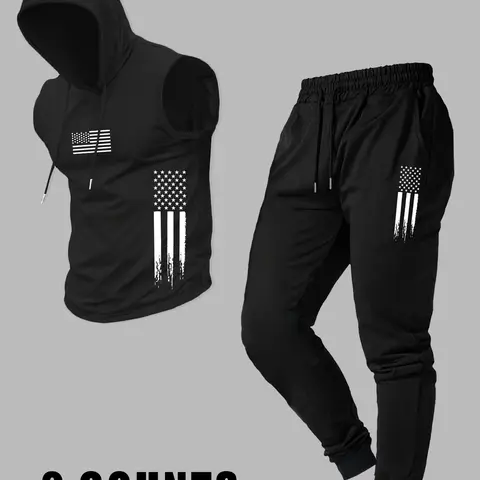 Men's Casual Hooded Vest with Long Pants, Comfortable Fitted Knit Fabric for Fall Season, Stylish Set for Everyday Wear, Activewear