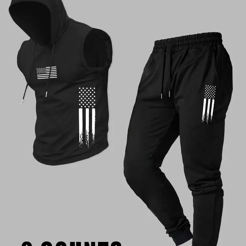 Men's Casual Hooded Vest with Long Pants, Comfortable Fitted Knit Fabric for Fall Season, Stylish Set for Everyday Wear, Activewear