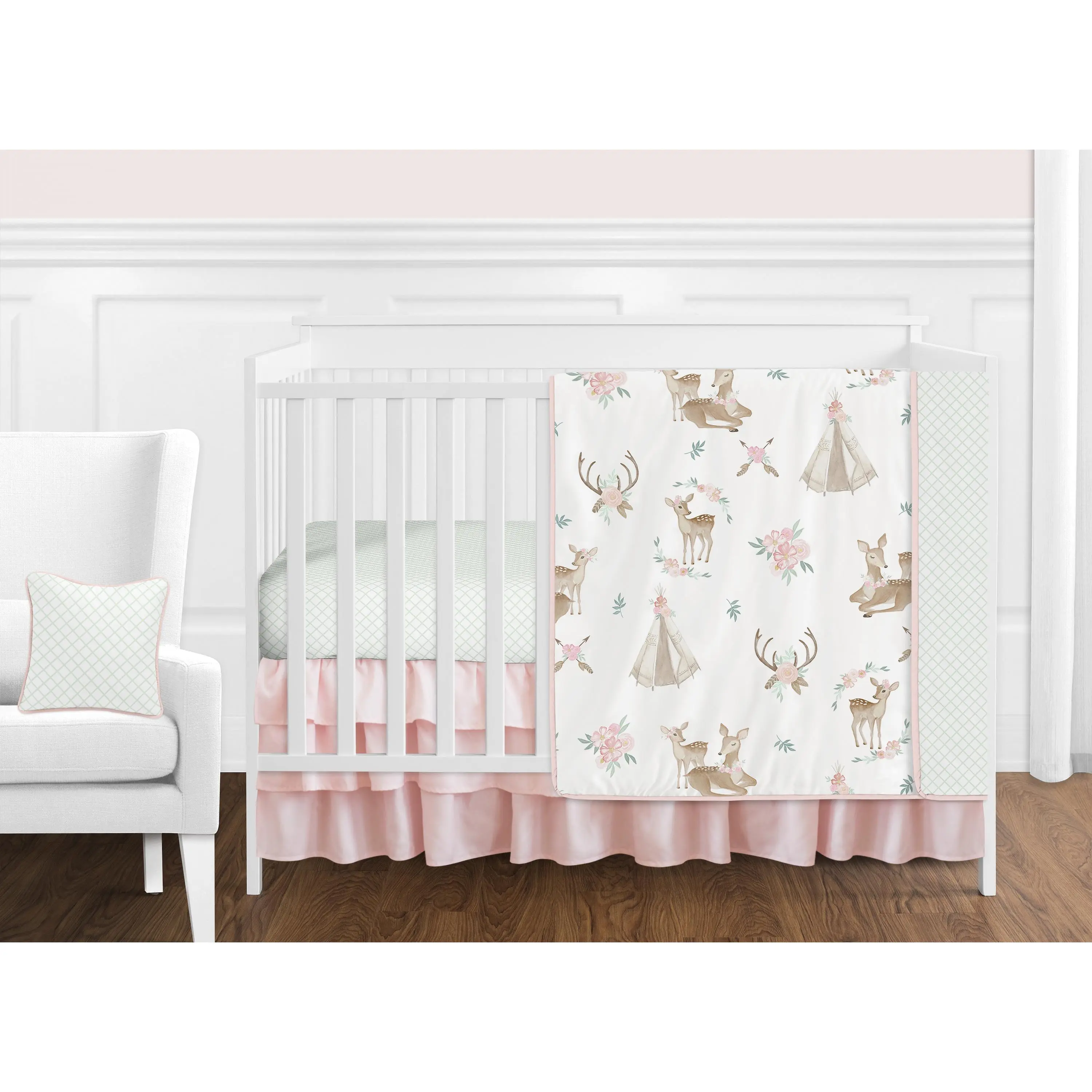 Sweet Jojo Designs Blush Pink, Mint Green and White Boho Watercolor Woodland Deer Floral Baby Girl Crib Bedding Set - 11 pieces