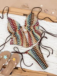 Women's Summer Bikini Set, Textured Fabric Design, Beaded Decoration, Boho Style Two-Piece Swimsuit, Perfect for Beachwear & Pool Parties, Spaghetti Strap Bikini, Bikini Swimwear