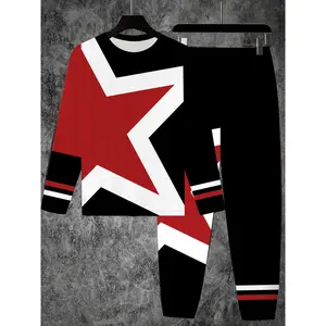 1Set Men's Plus Size Casual Sportswear Set, Geometric & Striped Pattern, Round Neck, Polyester (95%) Spandex (5%) Blend, Elastic Fabric, Regular Fit, Two-Piece Set with Long Sleeve Top And Joggers, PLUS SIZE