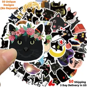 50PCS Funny Black Cat Stickers Random Sets Kitten Meme Vinyl Waterproof Decals for Kindle Laptop Hydro Flask Phone Case Art Gifts for Cat Lovers High Quality Assorted Animal Sticker Pack