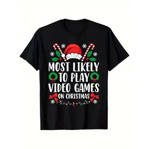 Men's Black Christmas Video Game T-Shirt - Humorous "Most Likely to Play Video Games on Christmas" Graphic Print, 180gsm Stretch Fabric, Breathable Casual Tee for Holiday Parties, Gym & Year-Round Wear - Gamer Apparel