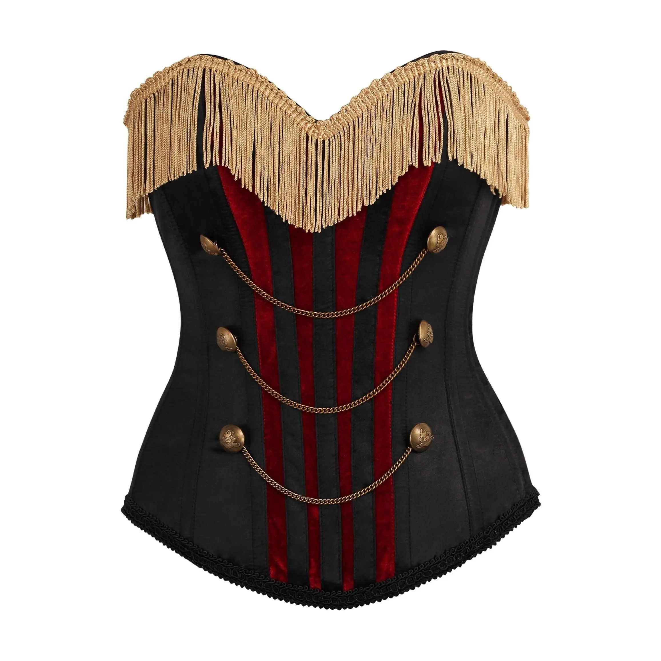 Top Drawer Burlesque Black/Dark Red Steel Boned Corset w/Gold Fringe