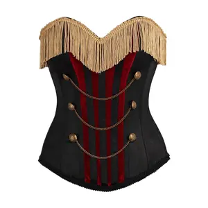 Top Drawer Burlesque Black/Dark Red Steel Boned Corset w/Gold Fringe