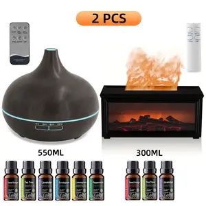 The Aromatherapy Gift Set  2 Cool Mist  & Humidifiers with 7-Color LED Mood Lights & Sound Wave Therapy for Bedroom, Office, Yoga Silent Waterless Essential Oil  wood grain colorful Flame Diffuser Humidifier with Auto Off Aroma Air Purifier Humidifier