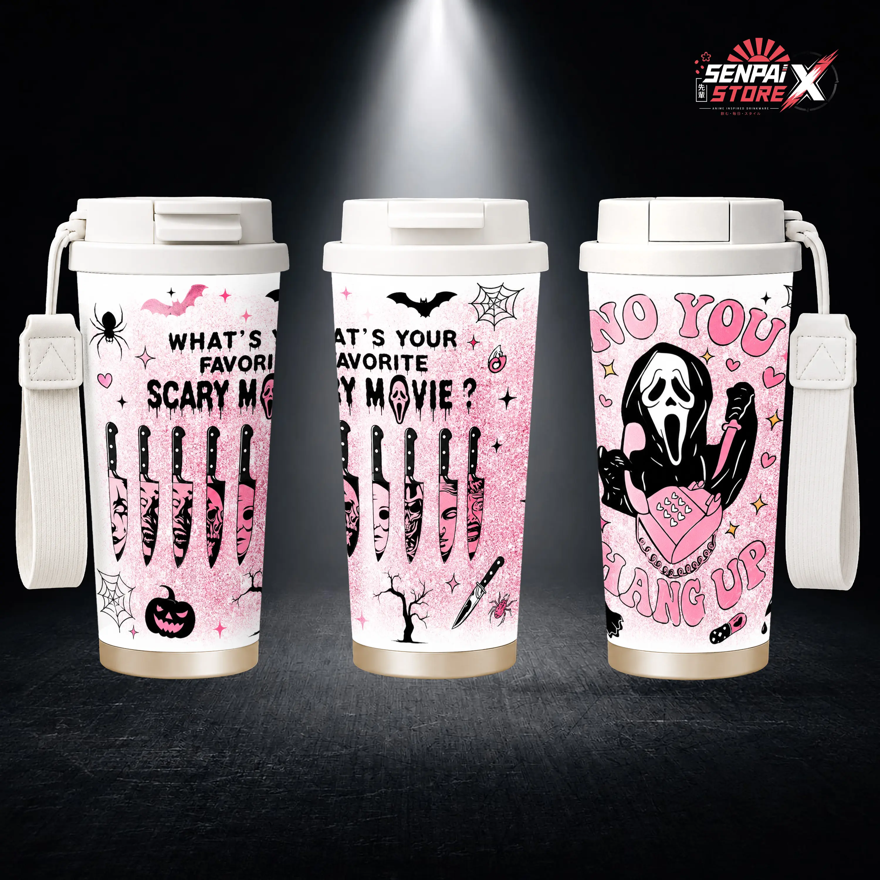 Ghostface - Scream Horror Movie - Halloween Embossed Raised Art Cute Pink Scary Movie Theme - 17oz 24oz 30oz Insulated Tumbler, Water Bottle, Handle Mug