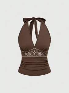 Vintage Coffee Color Embroidered Halter Top, Butterfly Knot Low Neck Design, Hippie Style Boho Sleeveless Summer Vacation Casual Shirt