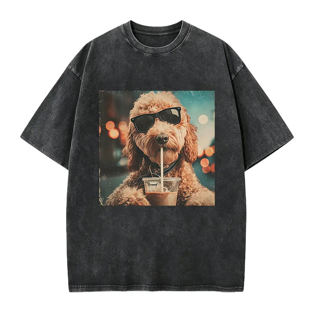Cute Goldendoodle Drinking Iced Coffee T-Shirt, Dog Lover Gift, Coffee Dog Shirt, Pet Owner Gift